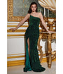 Cinderella Divine  Emerald One Shoulder Velvet Sequin Bridesmaid Gown