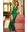 Cinderella Divine  Emerald Pleated Satin Halter Corset Evening Gown