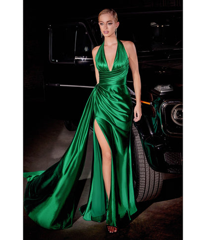 Emerald Pleated Satin Halter Fitted Slit Dress - Unique Vintage - Womens, DRESSES, PROM AND SPECIAL OCCASION