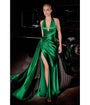 Cinderella Divine  Emerald Pleated Satin Halter Fitted Slit Dress