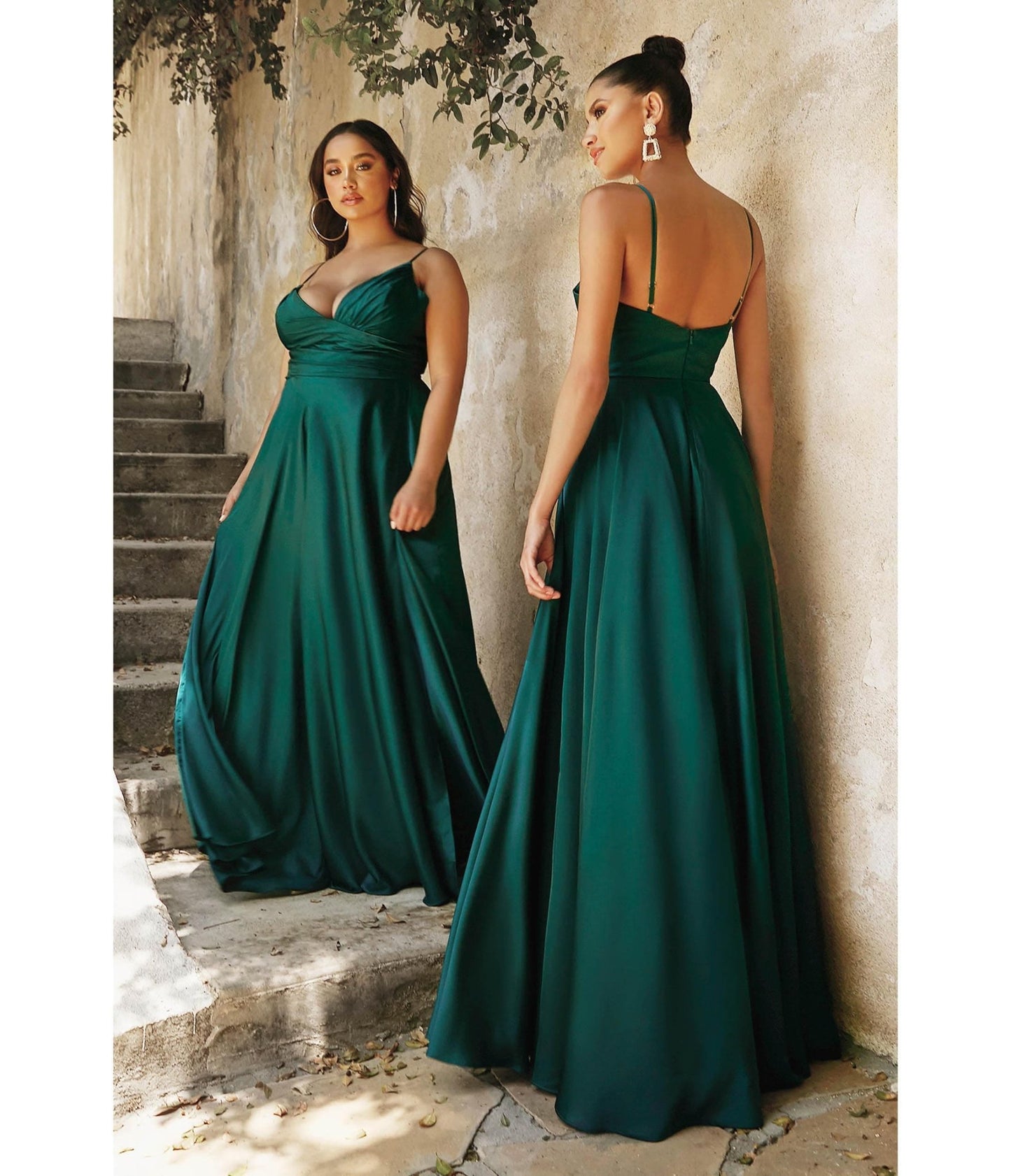 Emerald Ruched Satin Mystique Bridesmaid Gown - Unique Vintage - Womens, DRESSES, PROM AND SPECIAL OCCASION