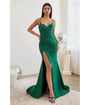 Cinderella Divine  Emerald Ruched Satin Slit Prom Gown