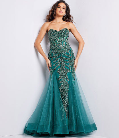 Emerald Sequin Embellished Corset Trumpet Evening Gown - Unique Vintage - Womens, DRESSES, PROM AND SPECIAL OCCASION