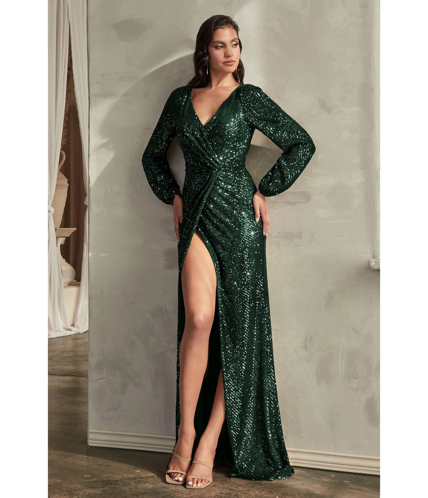 Emerald Sequin Long Sleeve Slit Evening Gown - Unique Vintage - Womens, DRESSES, PROM AND SPECIAL OCCASION