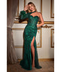 Cinderella Divine  Emerald Shimmer One Shoulder Feather Prom Gown