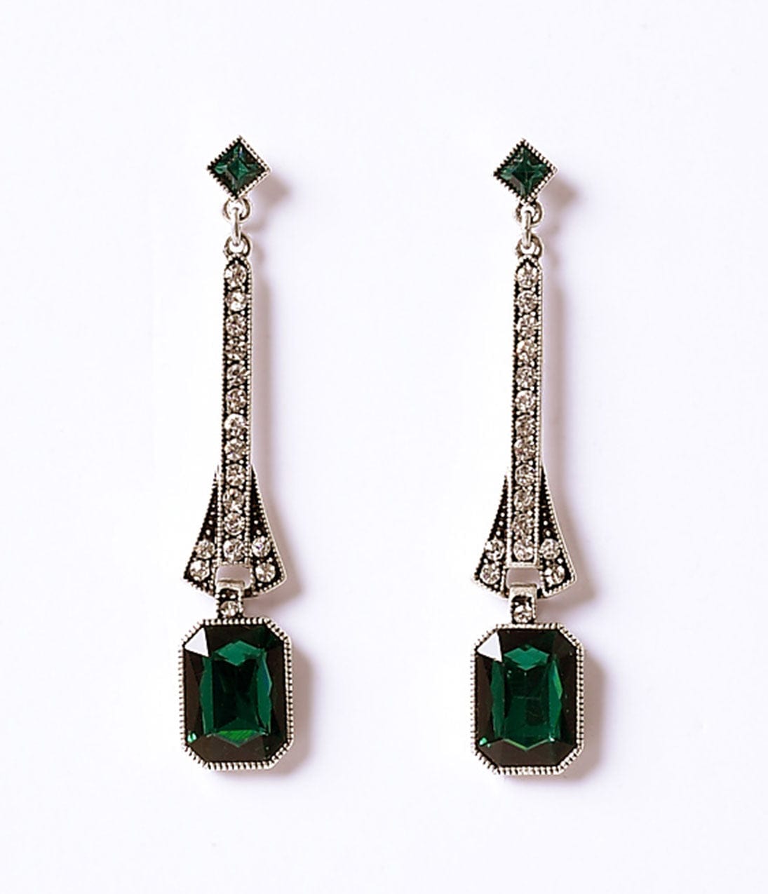 Emerald & Silver Crystal Drop Post Earrings - Unique Vintage - Womens, ACCESSORIES, JEWELRY