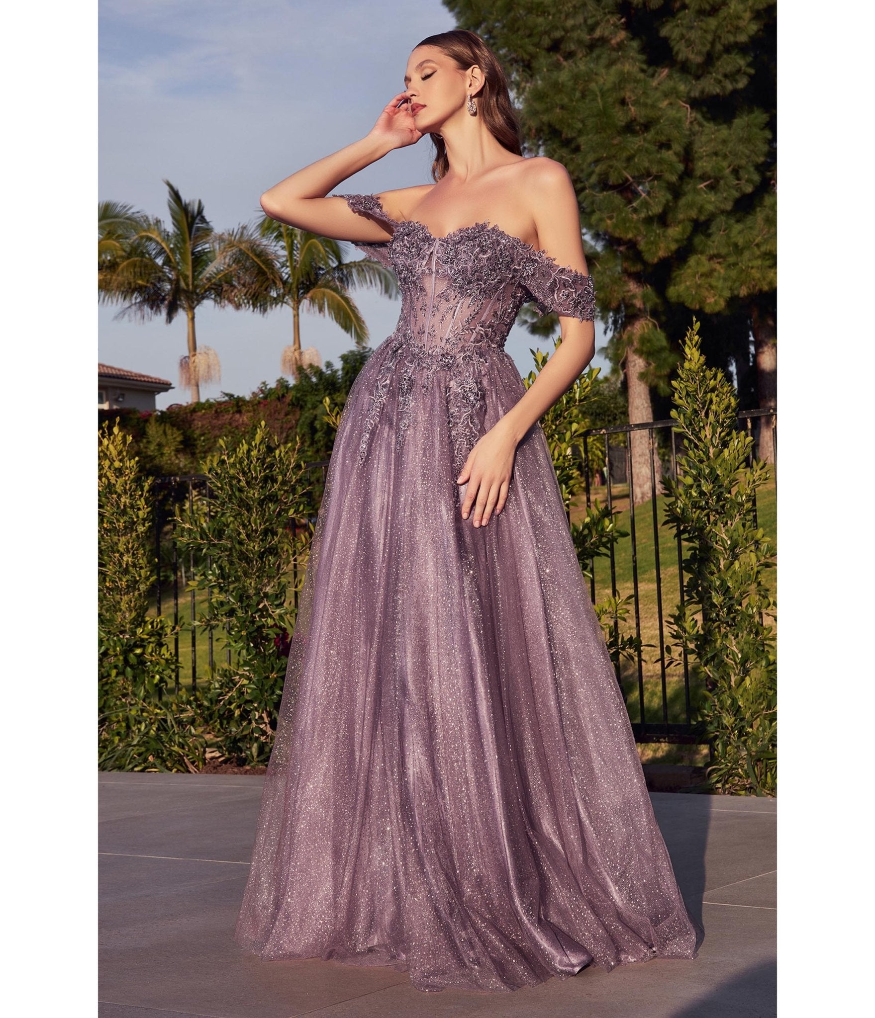 English Violet Glitter Lace & Tulle Embellished Off The Shoulder Prom Gown - Unique Vintage - Womens, DRESSES, PROM AND SPECIAL OCCASION