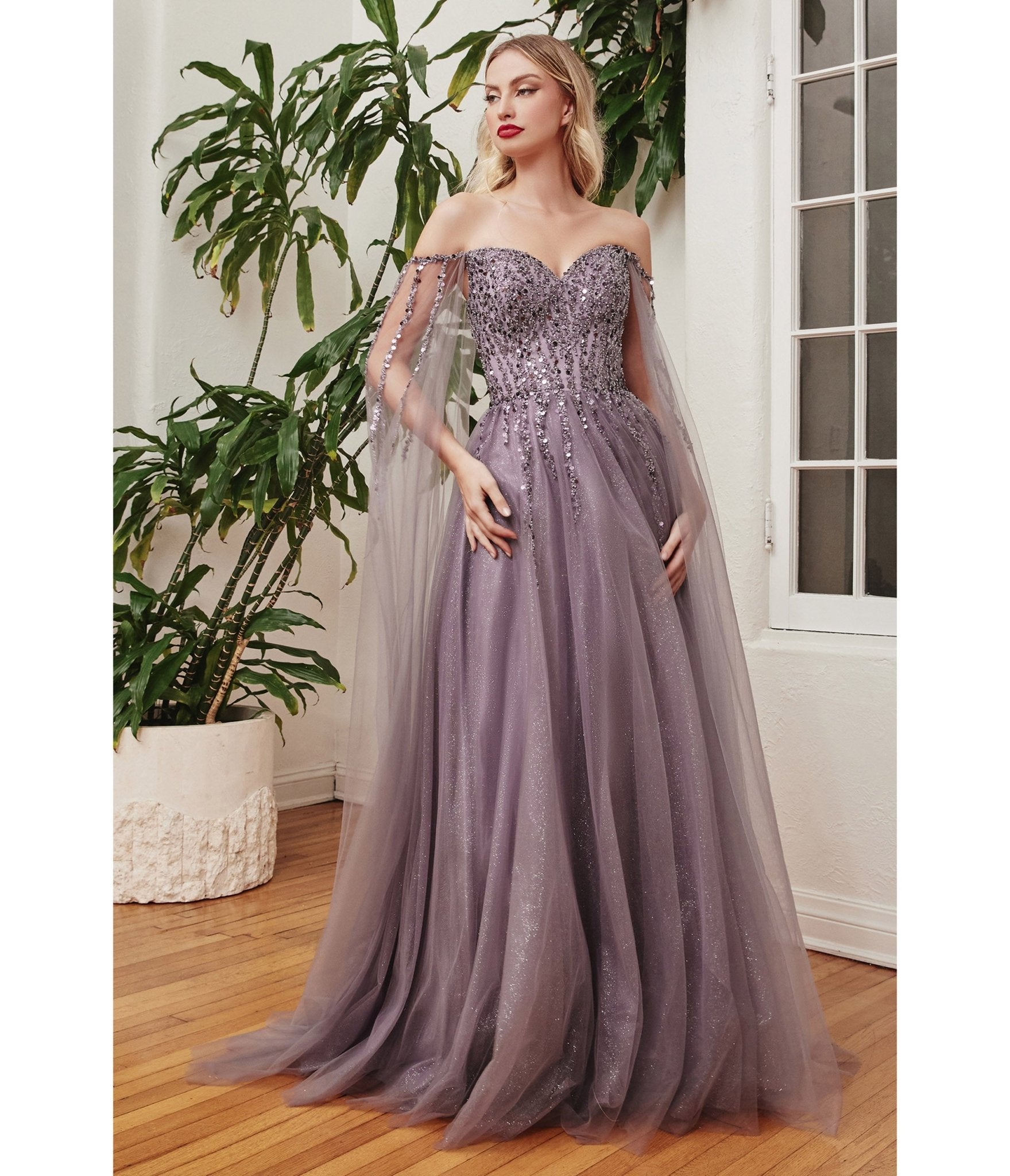 English Violet Sequin Embellished Cape Sleeve Prom Dress - Unique Vintage - Womens, DRESSES, PROM AND SPECIAL OCCASION