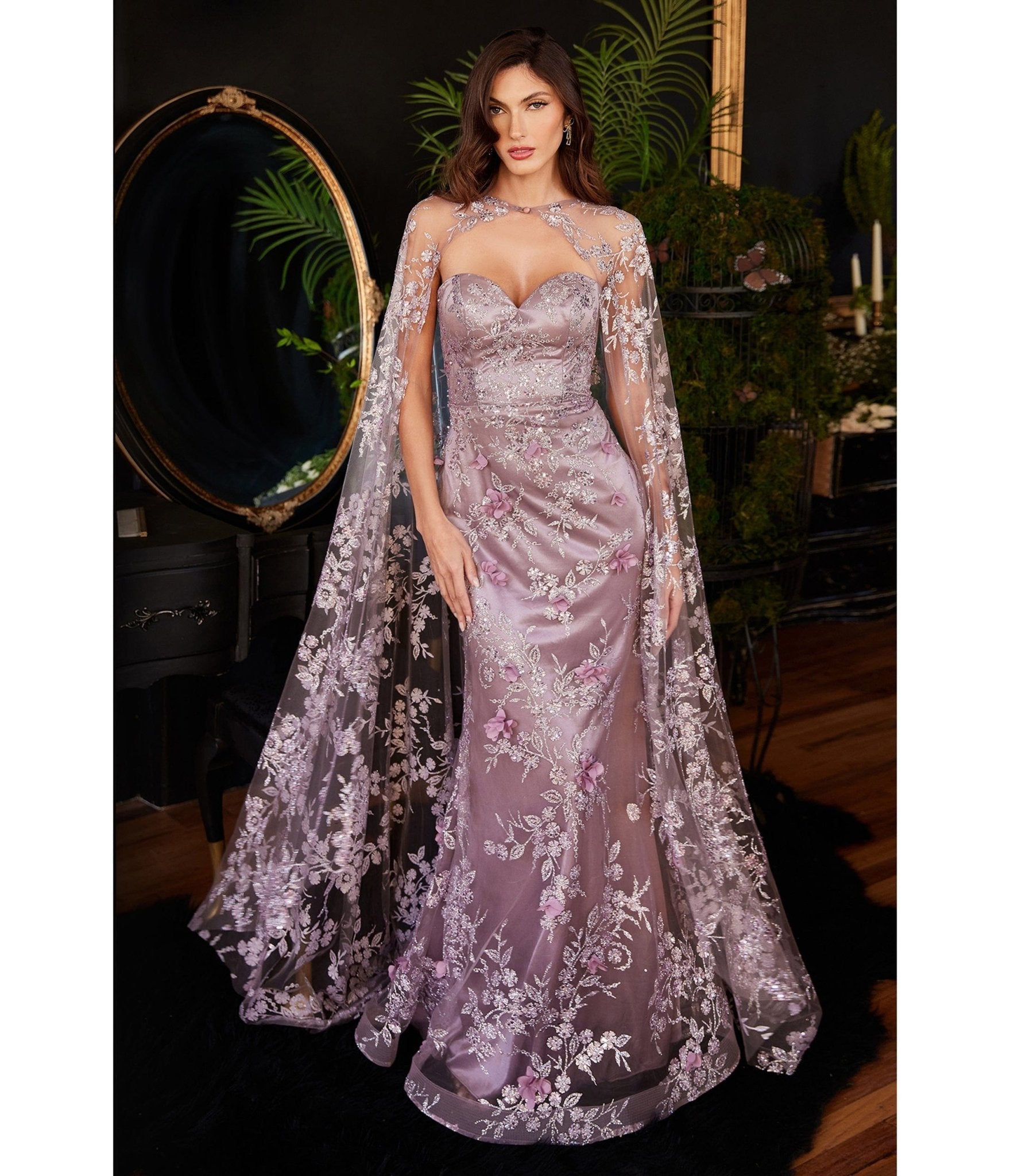 English Violet Sweetheart Fitted Floral Bridesmaid Gown with Cape - Unique Vintage - Womens, PROM AND SPECIAL OCCASION
