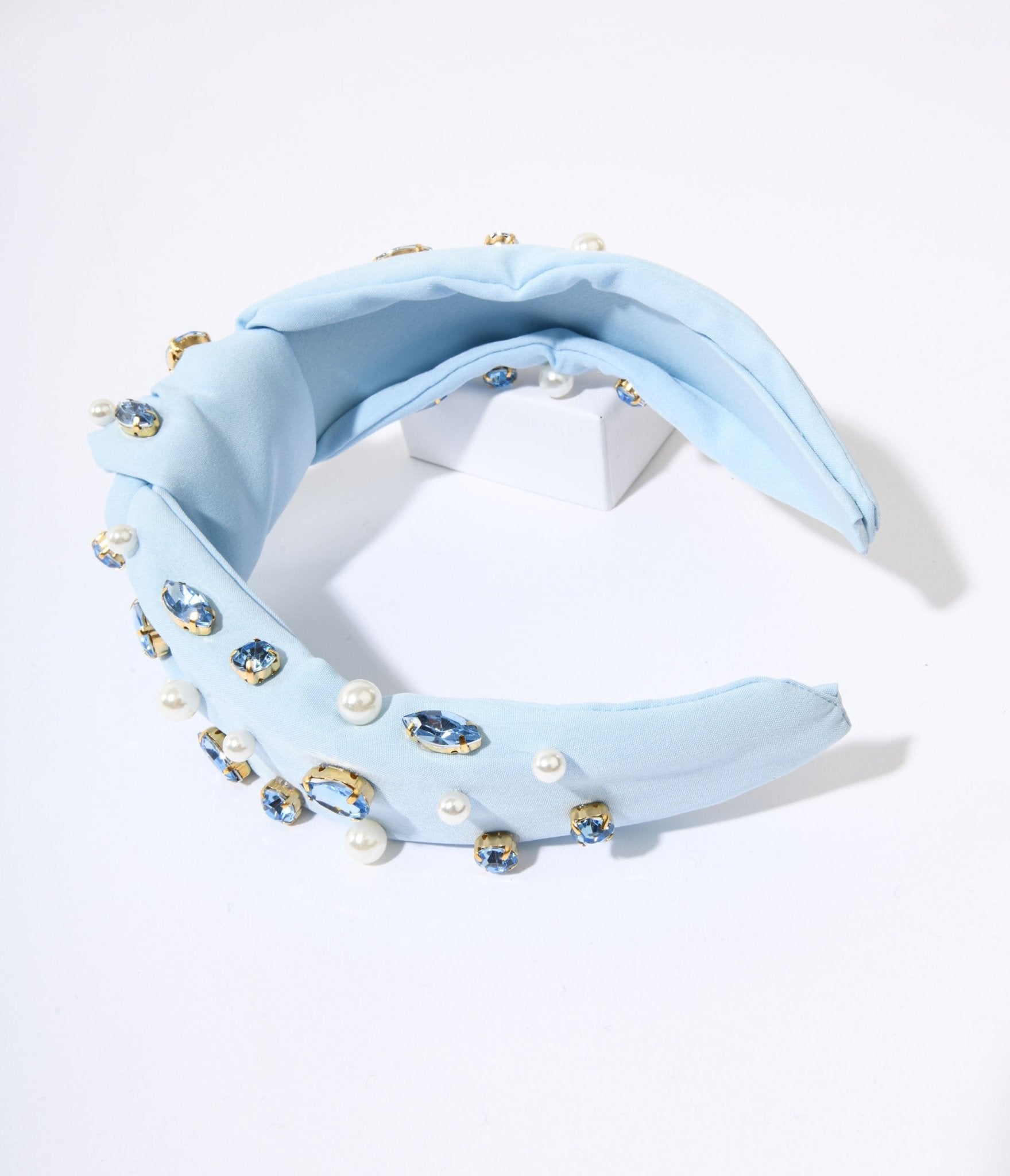 Faux Pearl & Blue Rhinestone Studded Baby Blue Knot Headband - Unique Vintage - Womens, ACCESSORIES, HAIR