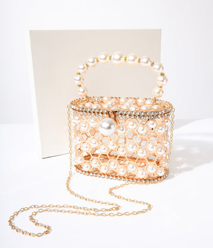 Faux Pearl & Gold Cage Handbag - Unique Vintage - Womens, ACCESSORIES, HANDBAGS