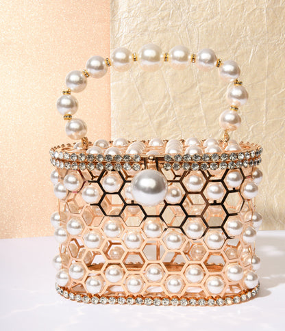 Faux Pearl & Gold Cage Handbag - Unique Vintage - Womens, ACCESSORIES, HANDBAGS