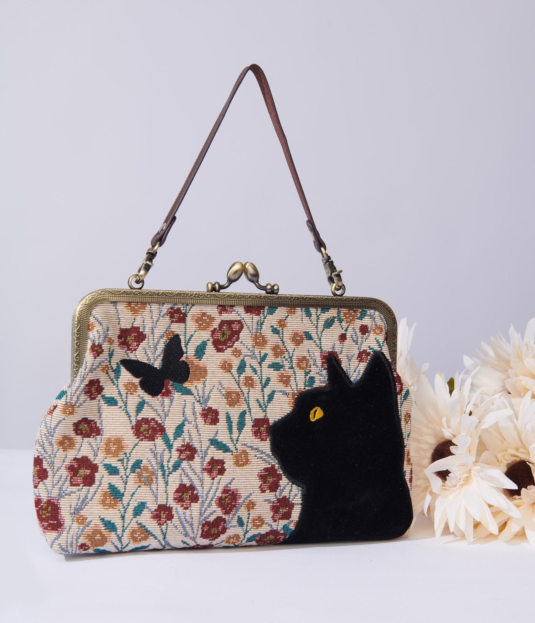 Floral Black Cat Handbag - Unique Vintage - Womens, ACCESSORIES, HANDBAGS