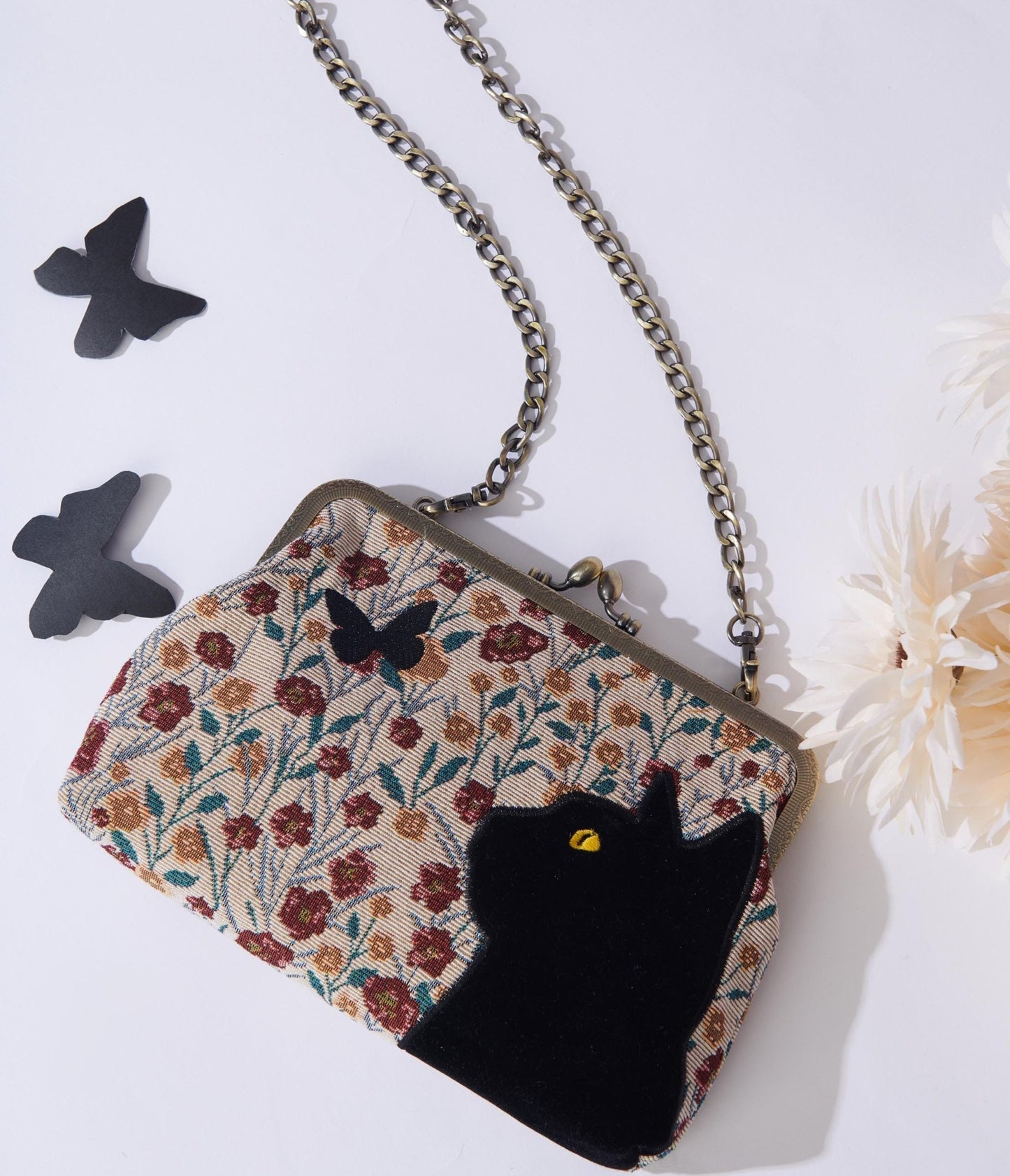 Retro Vintage Floral Black Cat Handbag Unique Vintage
