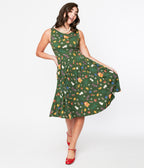 Forest Green Holiday Print Swing Dress - Unique Vintage - Womens, DRESSES, SWING