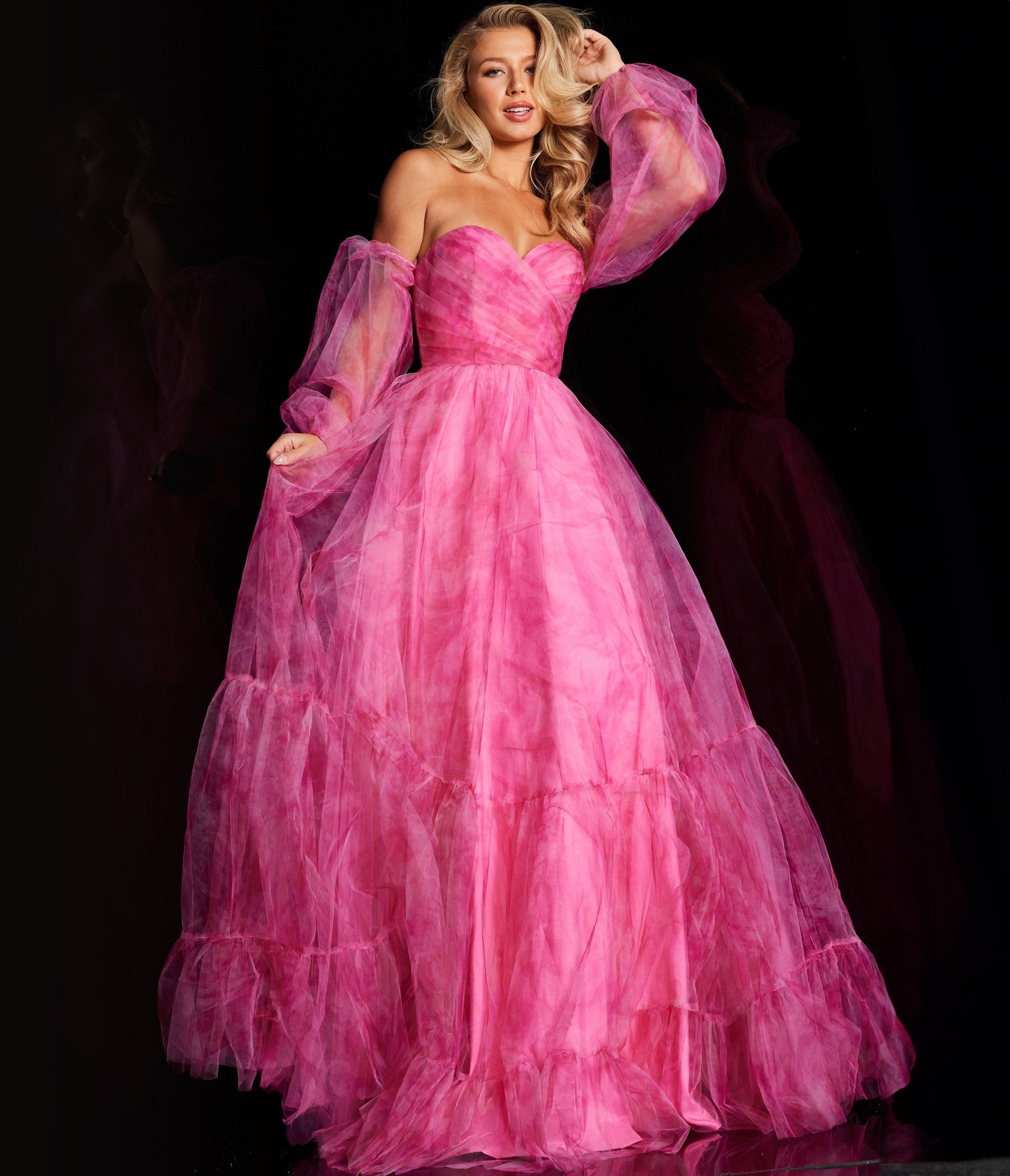 Fuchsia Off The Shoulder Ruched Organza Ballgown - Unique Vintage - Womens, DRESSES, PROM AND SPECIAL OCCASION
