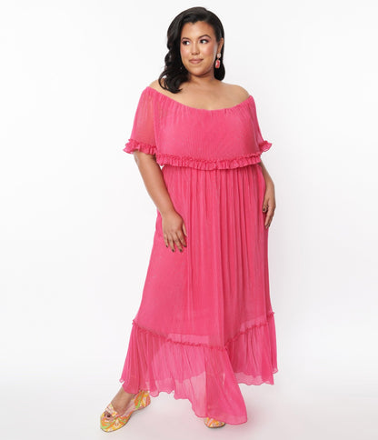 Fuchsia Pleated Chiffon Maxi Dress - Unique Vintage - Womens, DRESSES, MAXI