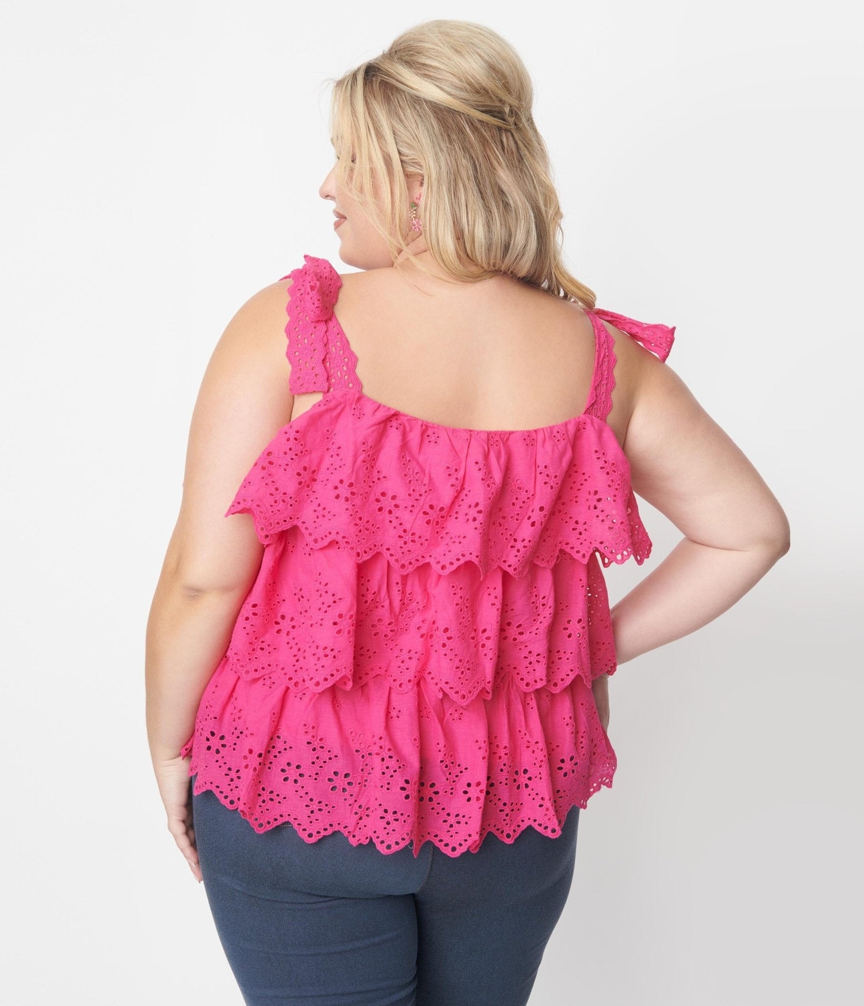 Fuchsia Tiered Eyelet Blouse - Unique Vintage - Womens, TOPS, WOVEN TOPS