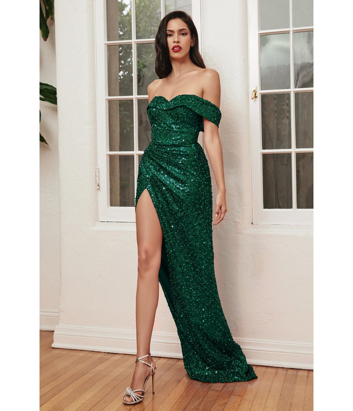 Glamorous Emerald Off Shoulder Sequin Prom Gown - Unique Vintage - Womens, DRESSES, PROM AND SPECIAL OCCASION