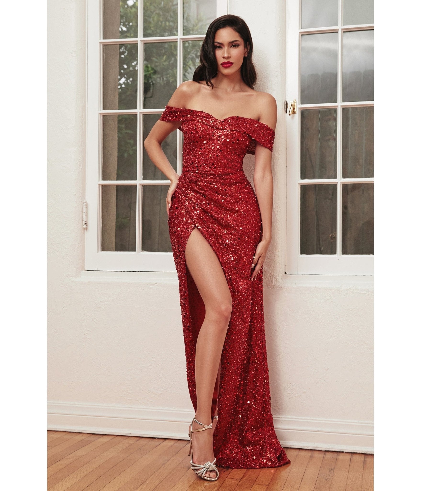 Glamorous Red Off Shoulder Sequin Prom Gown - Unique Vintage - Womens, DRESSES, PROM AND SPECIAL OCCASION