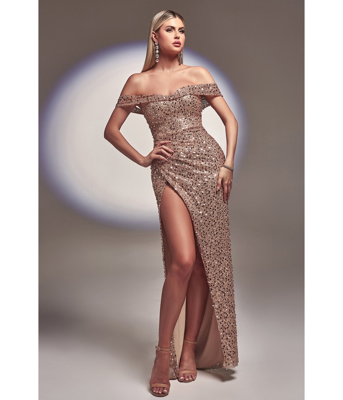 Glamorous Rose Gold Off Shoulder Sequin Prom Gown - Unique Vintage - Womens, DRESSES, PROM AND SPECIAL OCCASION