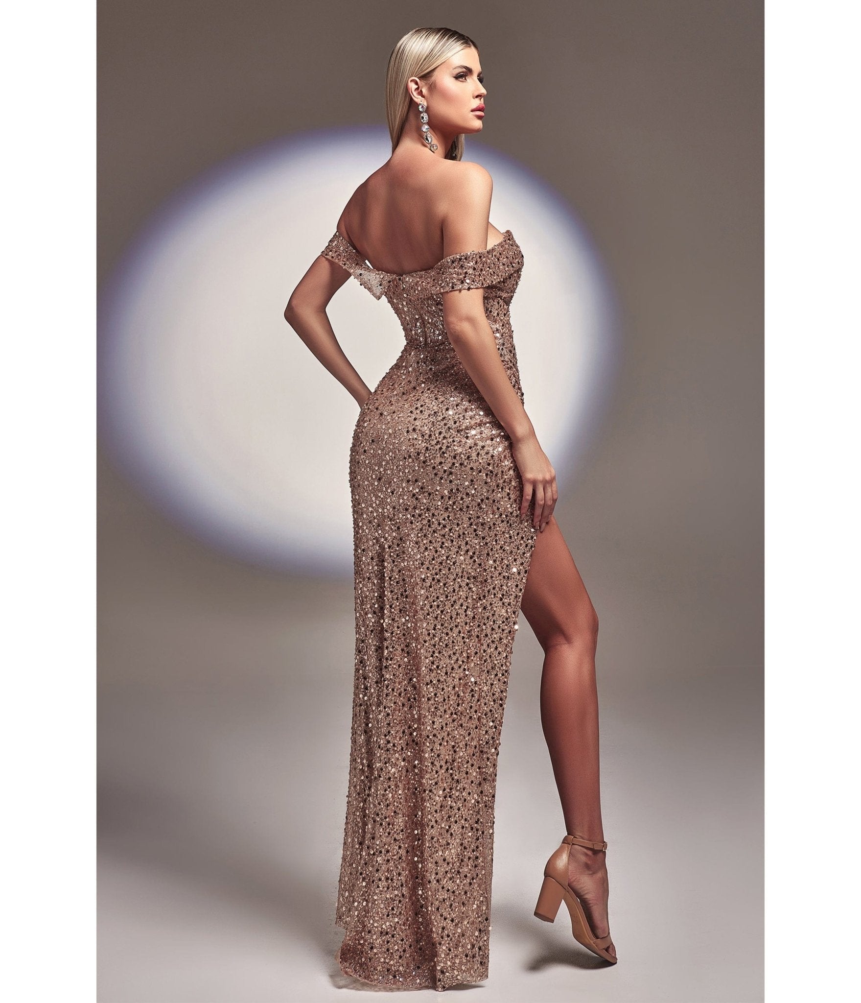Glamorous Rose Gold Off Shoulder Sequin Prom Gown - Unique Vintage - Womens, DRESSES, PROM AND SPECIAL OCCASION