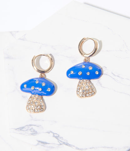 Gold and Blue Mushroom Earrings - Unique Vintage - Womens, ACCESSORIES, JEWELRY