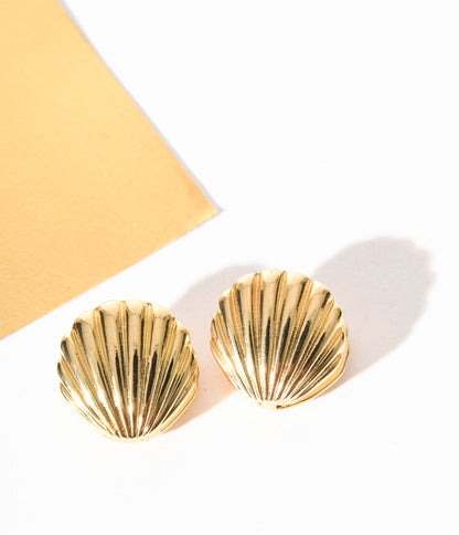 Gold Clam Shell Earrings - Unique Vintage - Womens, ACCESSORIES, JEWELRY