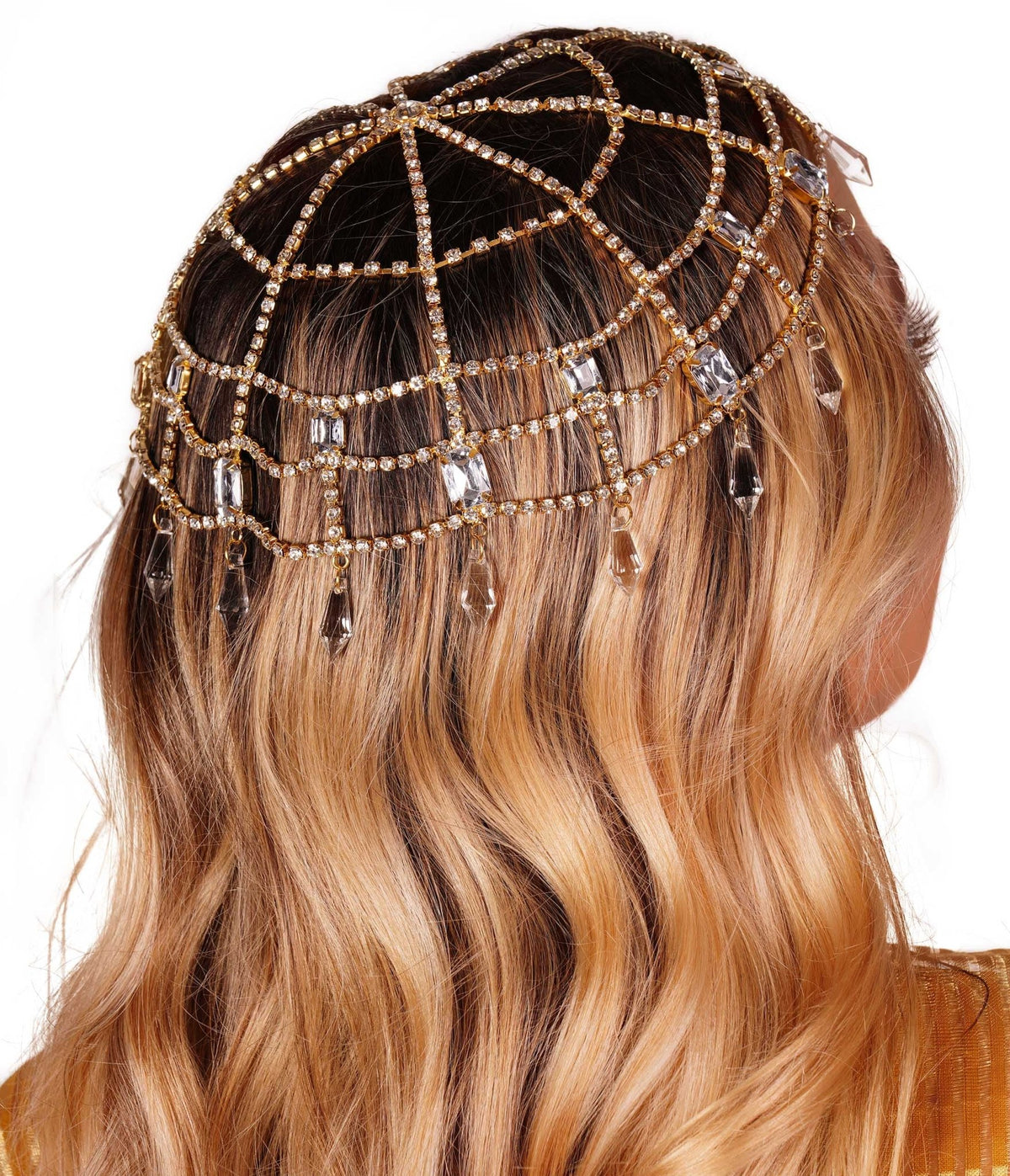 Gold & Clear Rhinestone Cap Headpiece – Unique Vintage display picture 1