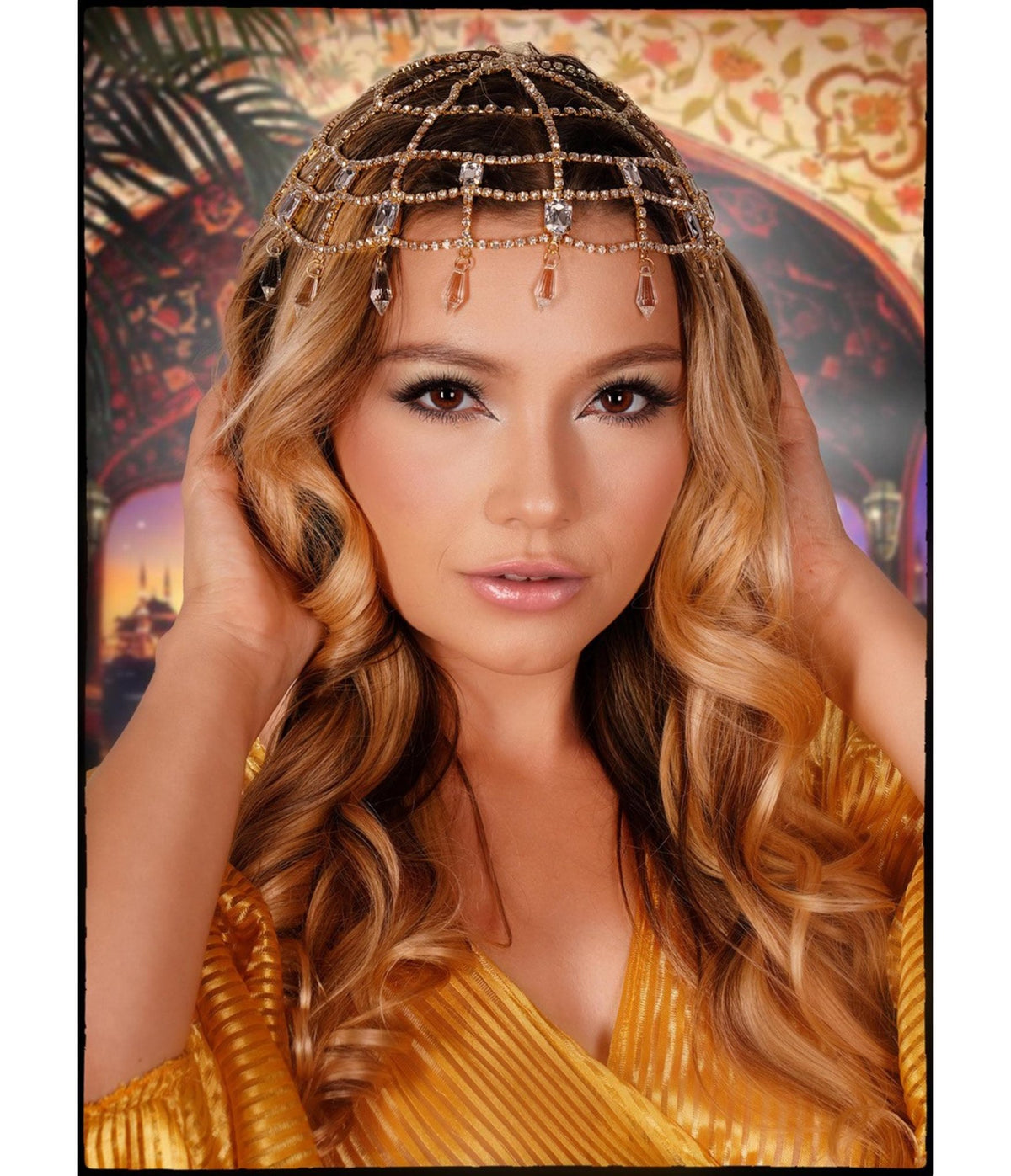 Gold & Clear Rhinestone Cap Headpiece – Unique Vintage display picture 2