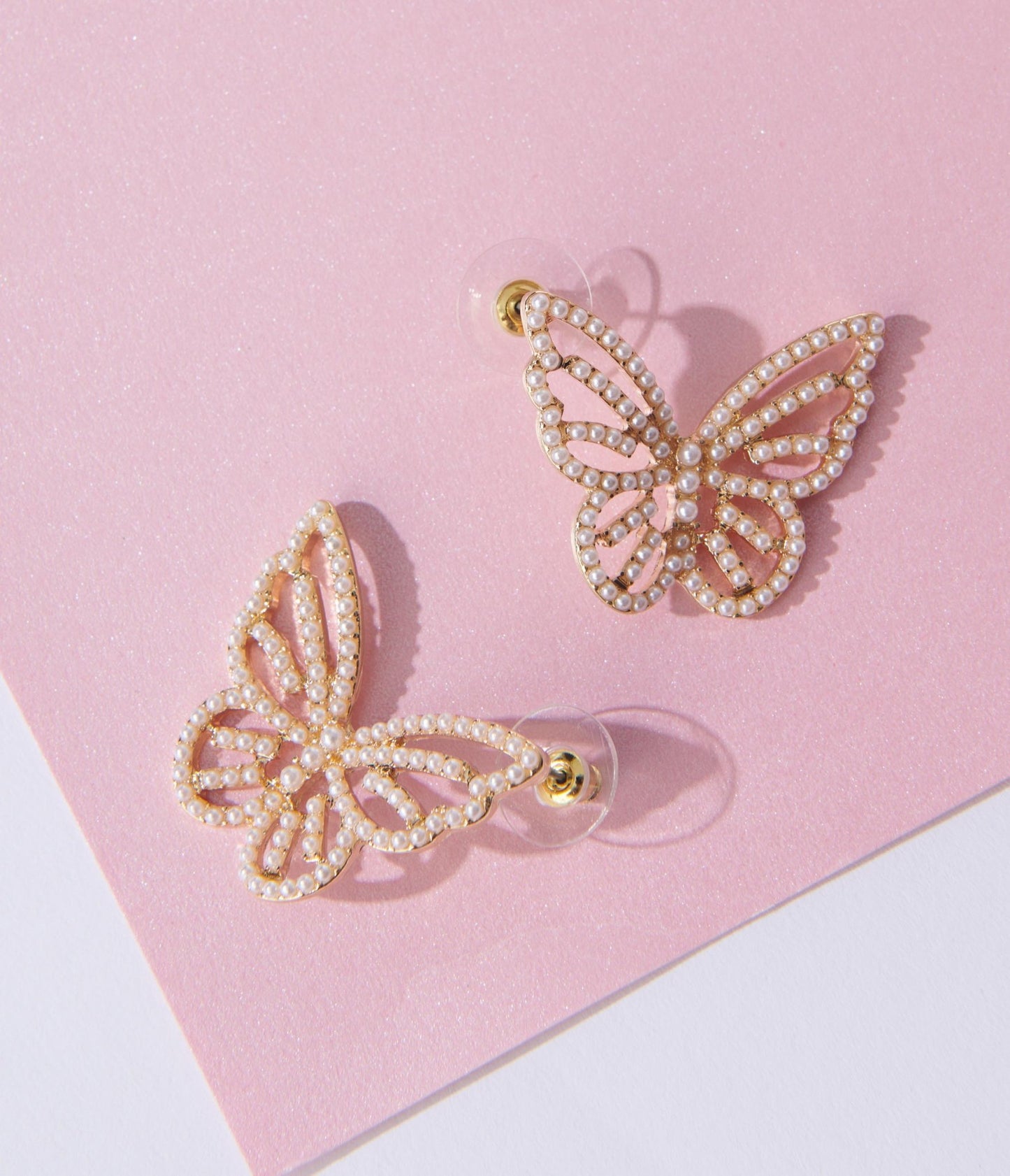 Gold & Faux Pearl Butterfly Cutout Earrings - Unique Vintage - Womens, ACCESSORIES, JEWELRY