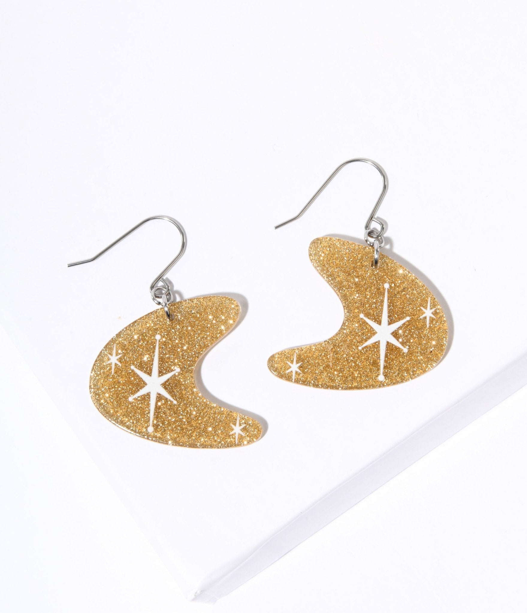 Gold Glitter Atomic Boomerang Dangle Earrings - Unique Vintage - Womens, ACCESSORIES, JEWELRY