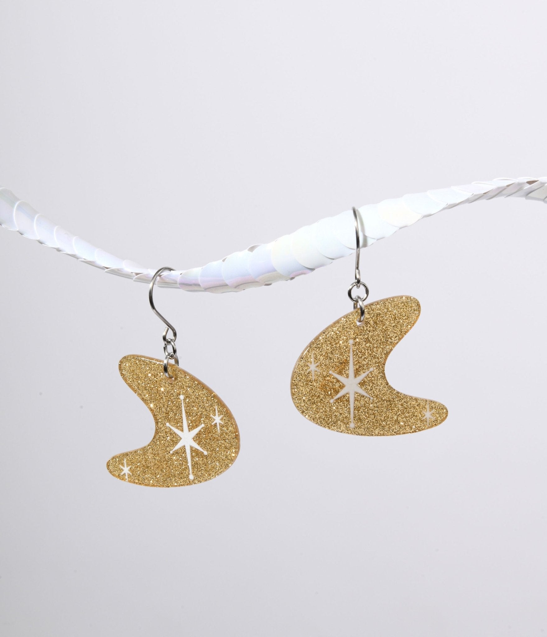 Gold Glitter Atomic Boomerang Dangle Earrings - Unique Vintage - Womens, ACCESSORIES, JEWELRY