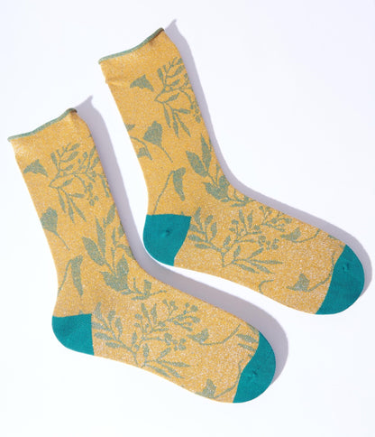 Gold & Green Foliage Shimmer Crew Sock - Unique Vintage - Womens, ACCESSORIES, HOSIERY