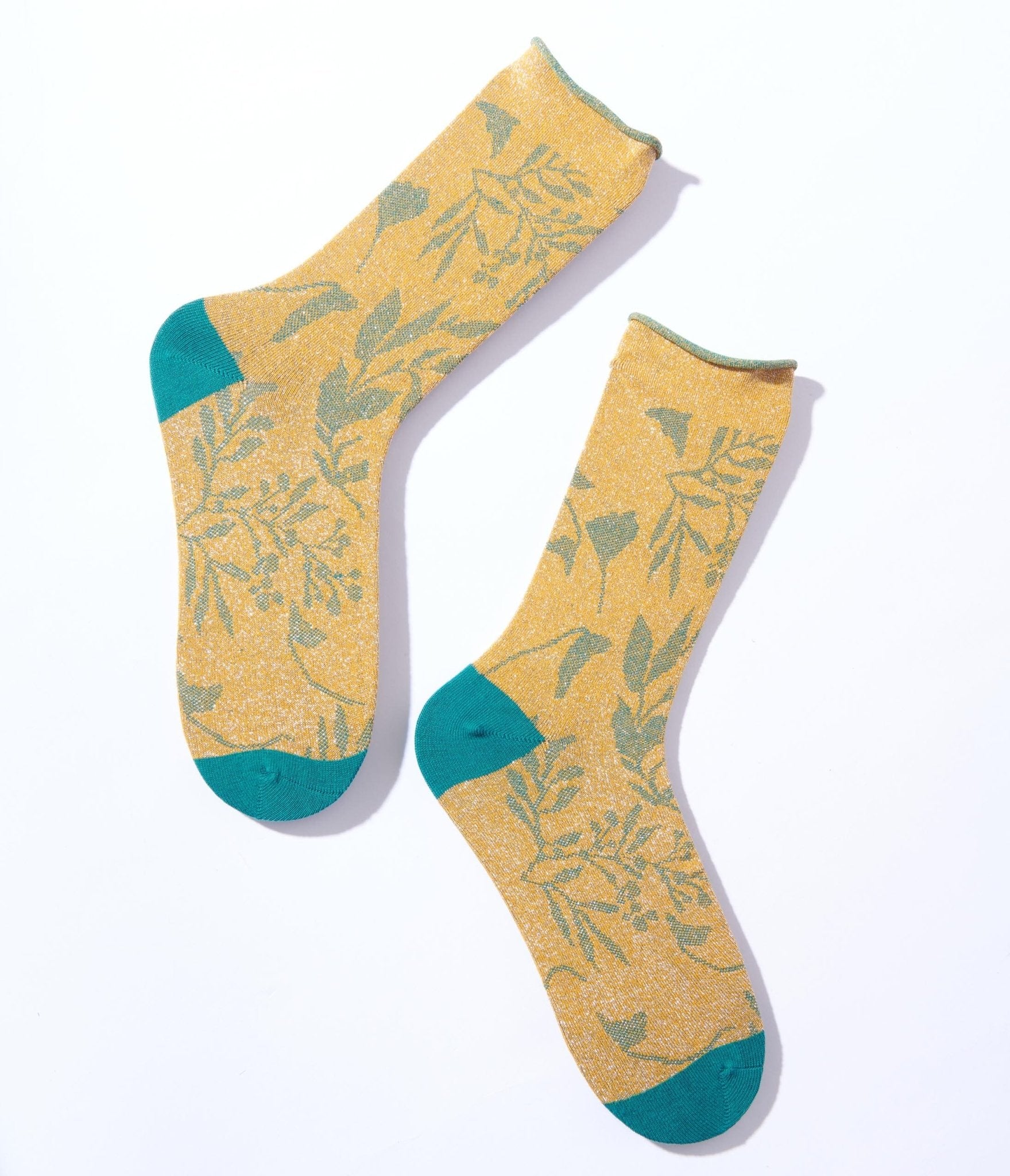 Gold & Green Foliage Shimmer Crew Sock - Unique Vintage - Womens, ACCESSORIES, HOSIERY