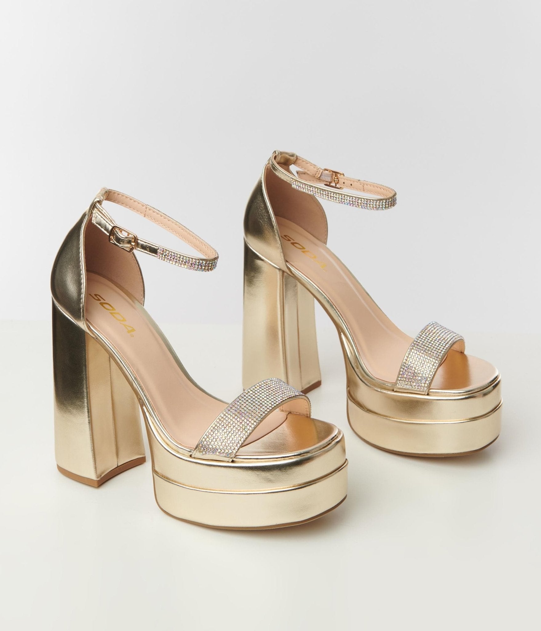 Mirror Mirror Gold Mirror Strappy Heeled Platform Sandals – Club L London -  UK