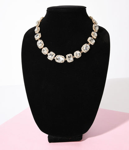 Gold & Multishape Rhinestone Necklace - Unique Vintage - Womens, ACCESSORIES, JEWELRY