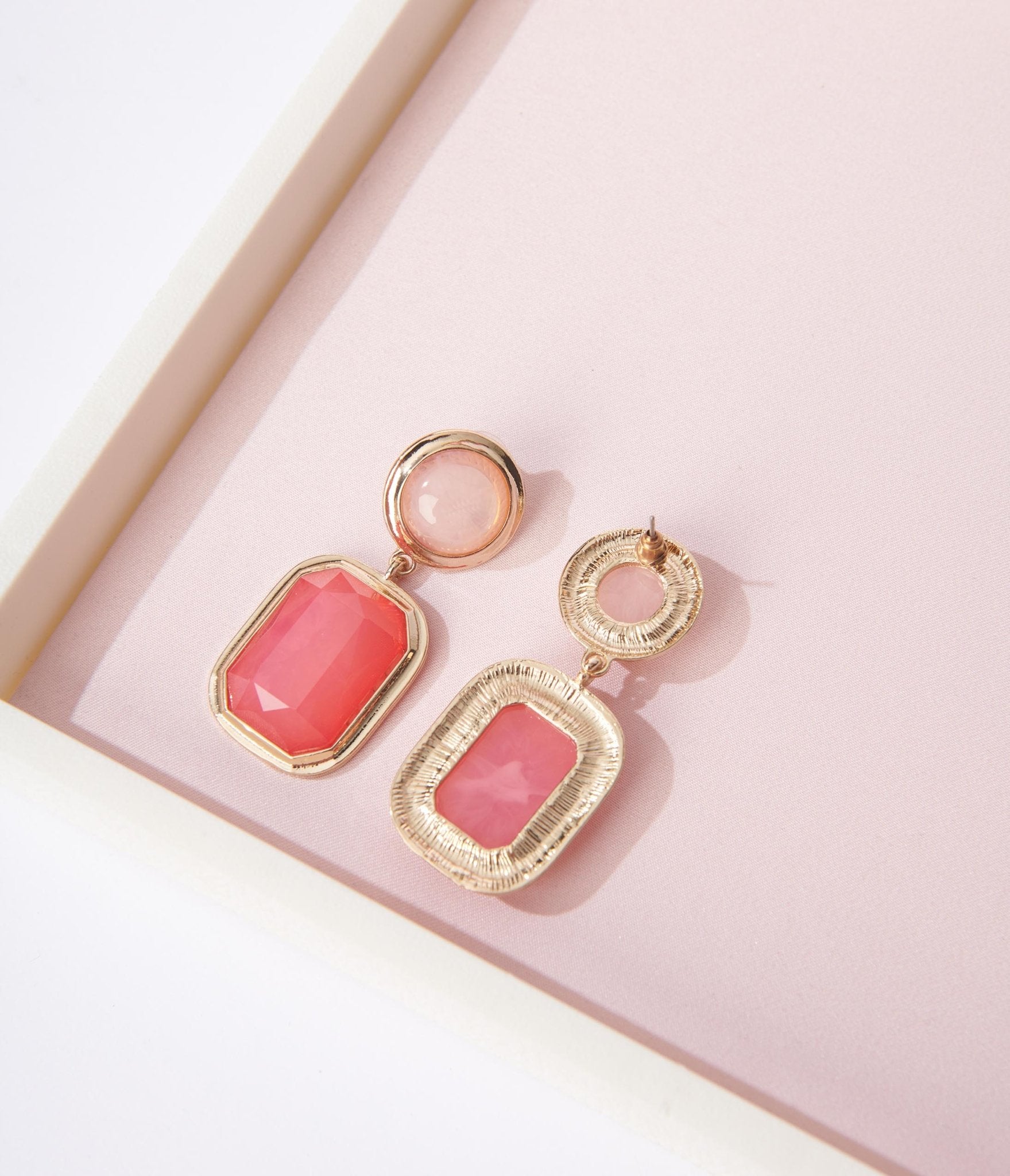 Gold & Pink Geometric Drop Earrings - Unique Vintage - Womens, ACCESSORIES, JEWELRY
