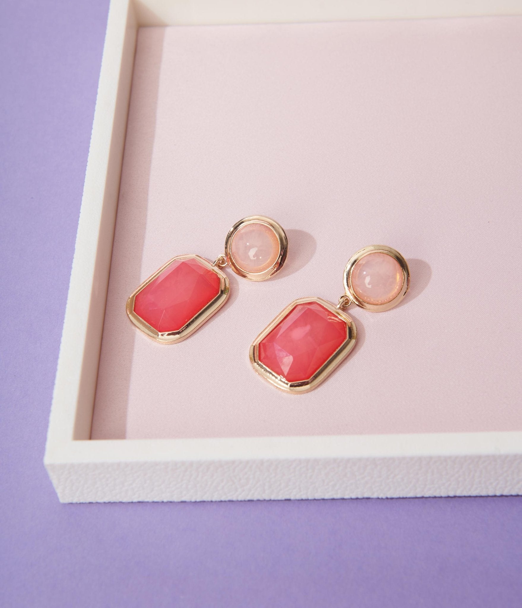 Gold & Pink Geometric Drop Earrings - Unique Vintage - Womens, ACCESSORIES, JEWELRY