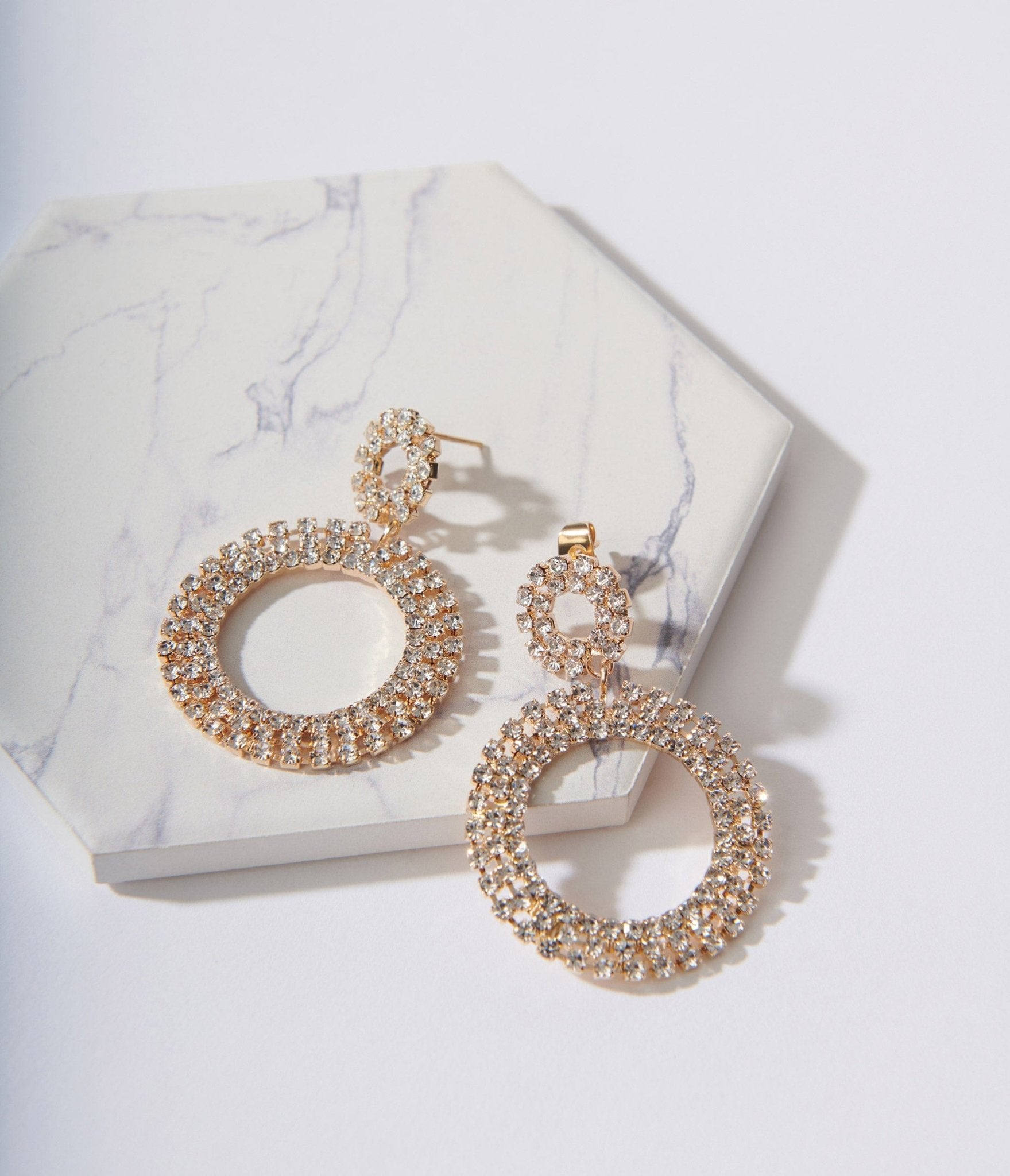 Gold Rhinestone Circle Earrings - Unique Vintage - Womens, ACCESSORIES, JEWELRY
