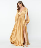 Gold Satin Long Sleeve Goddess Gown - Unique Vintage - Womens, DRESSES, PROM AND SPECIAL OCCASION