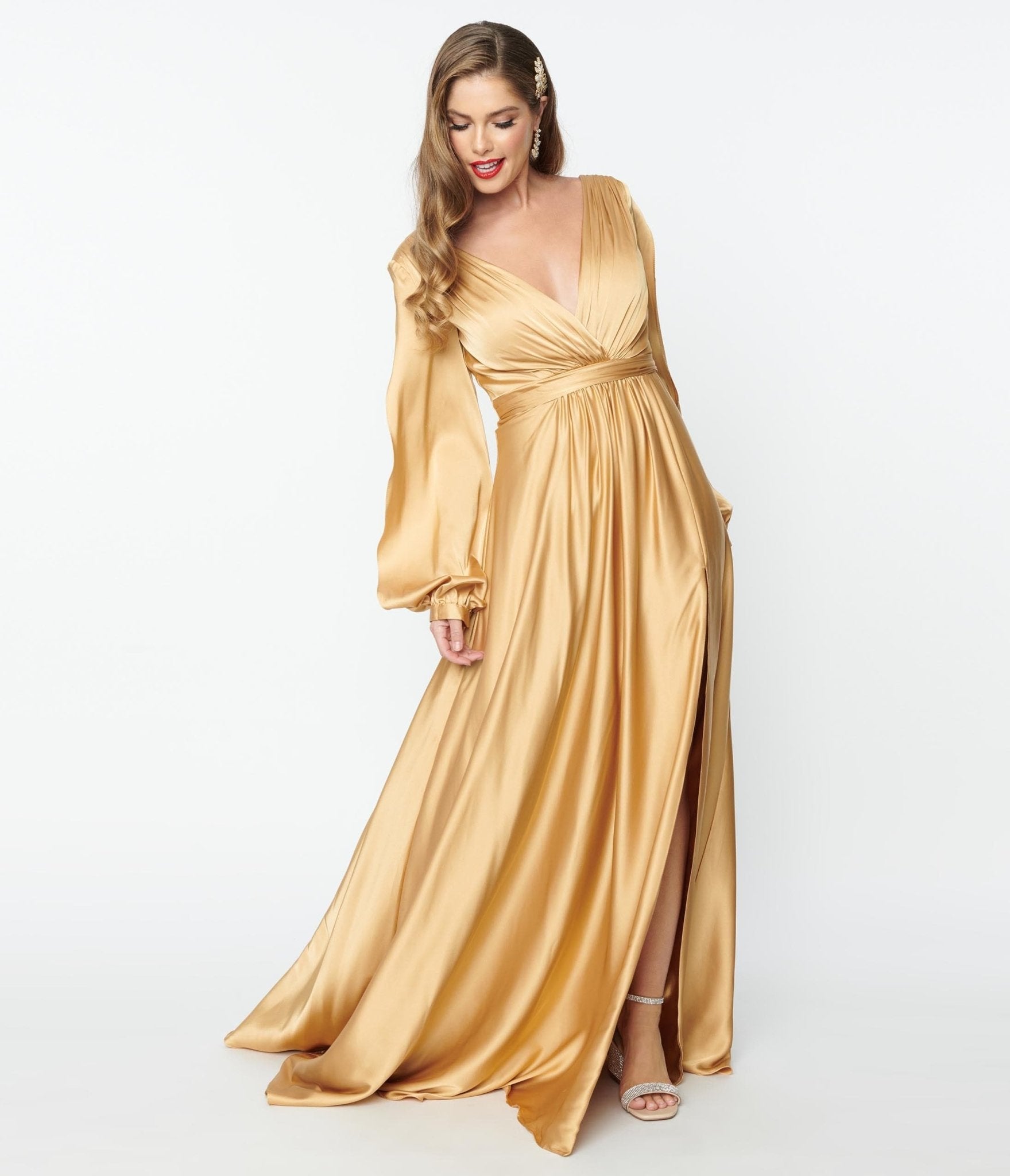 Gold Satin Long Sleeve Goddess Gown - Unique Vintage - Womens, DRESSES, PROM AND SPECIAL OCCASION