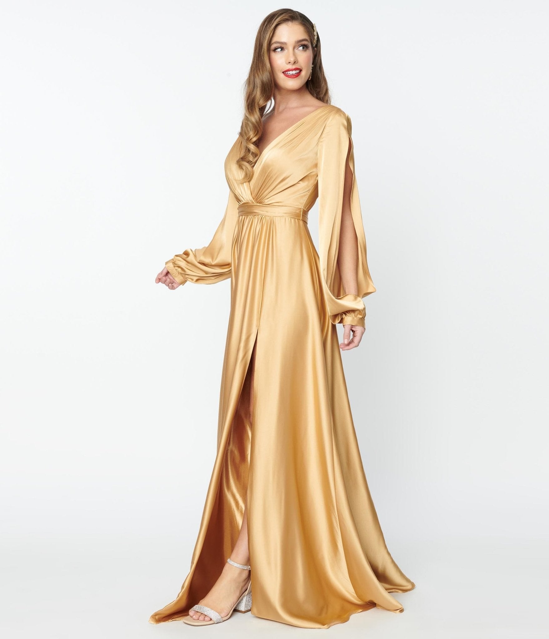 Gold Satin Long Sleeve Goddess Gown - Unique Vintage - Womens, DRESSES, PROM AND SPECIAL OCCASION