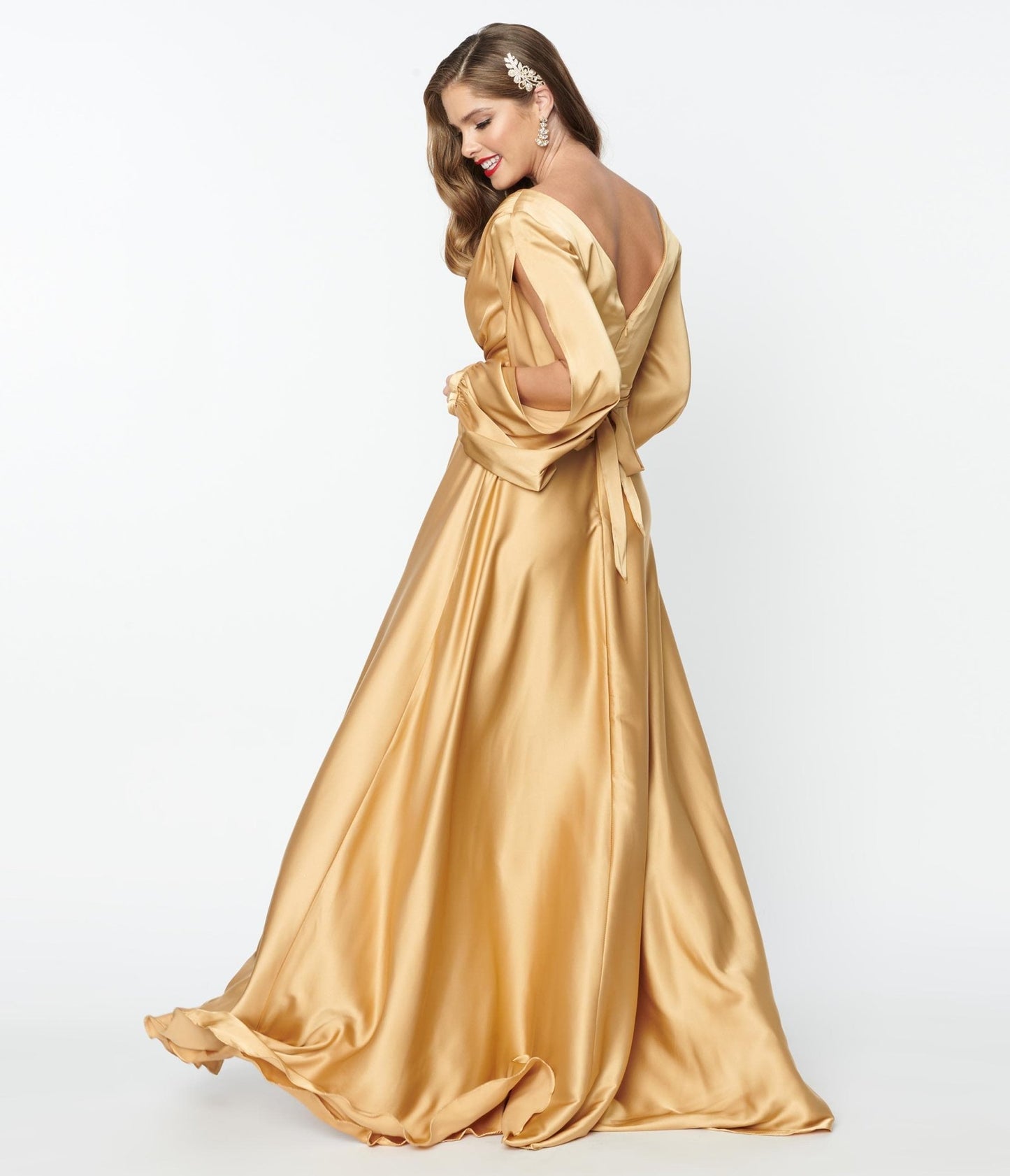 Gold Satin Long Sleeve Goddess Gown - Unique Vintage - Womens, DRESSES, PROM AND SPECIAL OCCASION