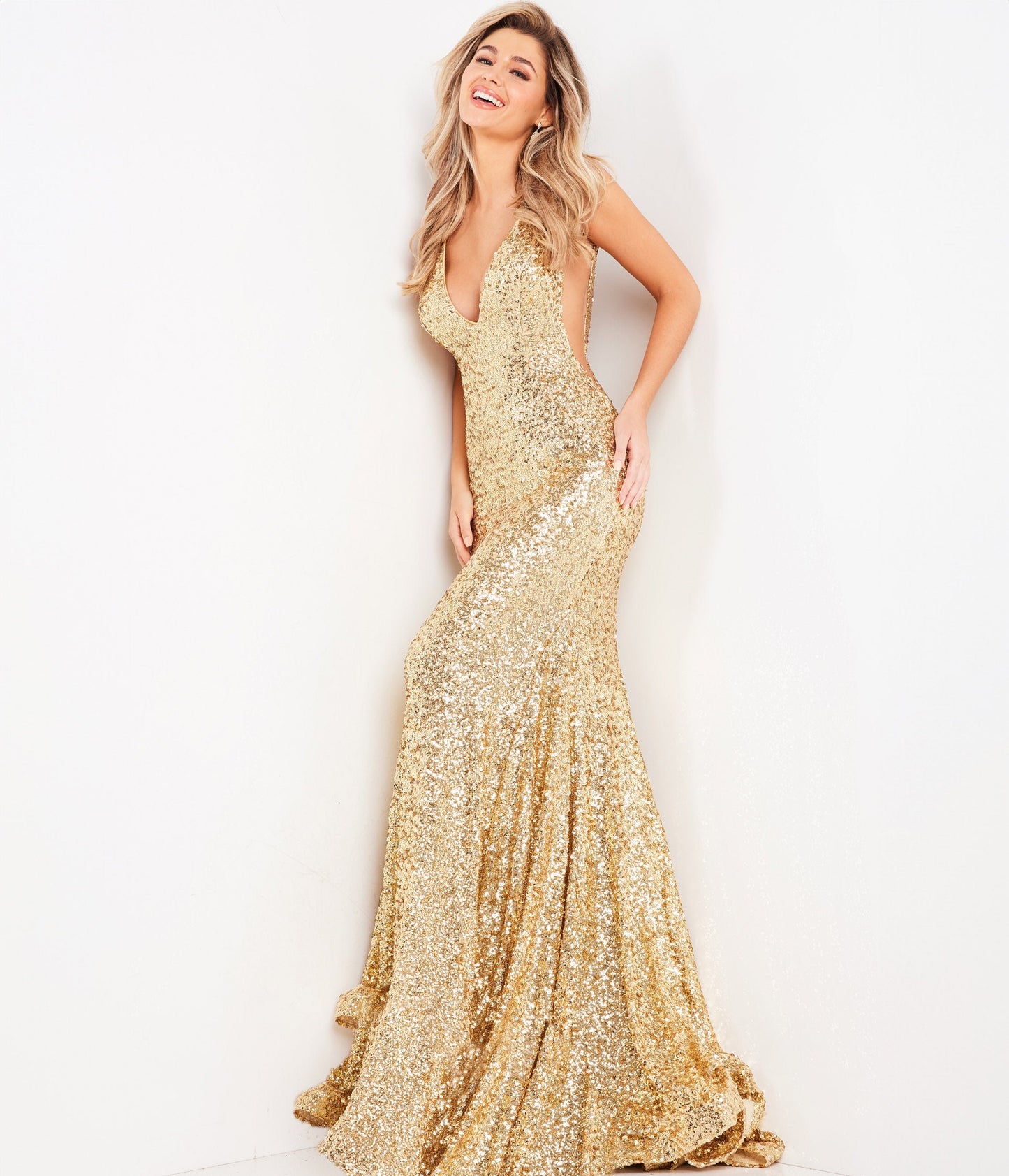 Gold Sequin Plunging Fitted Evening Gown - Unique Vintage - Womens, DRESSES, PROM AND SPECIAL OCCASION