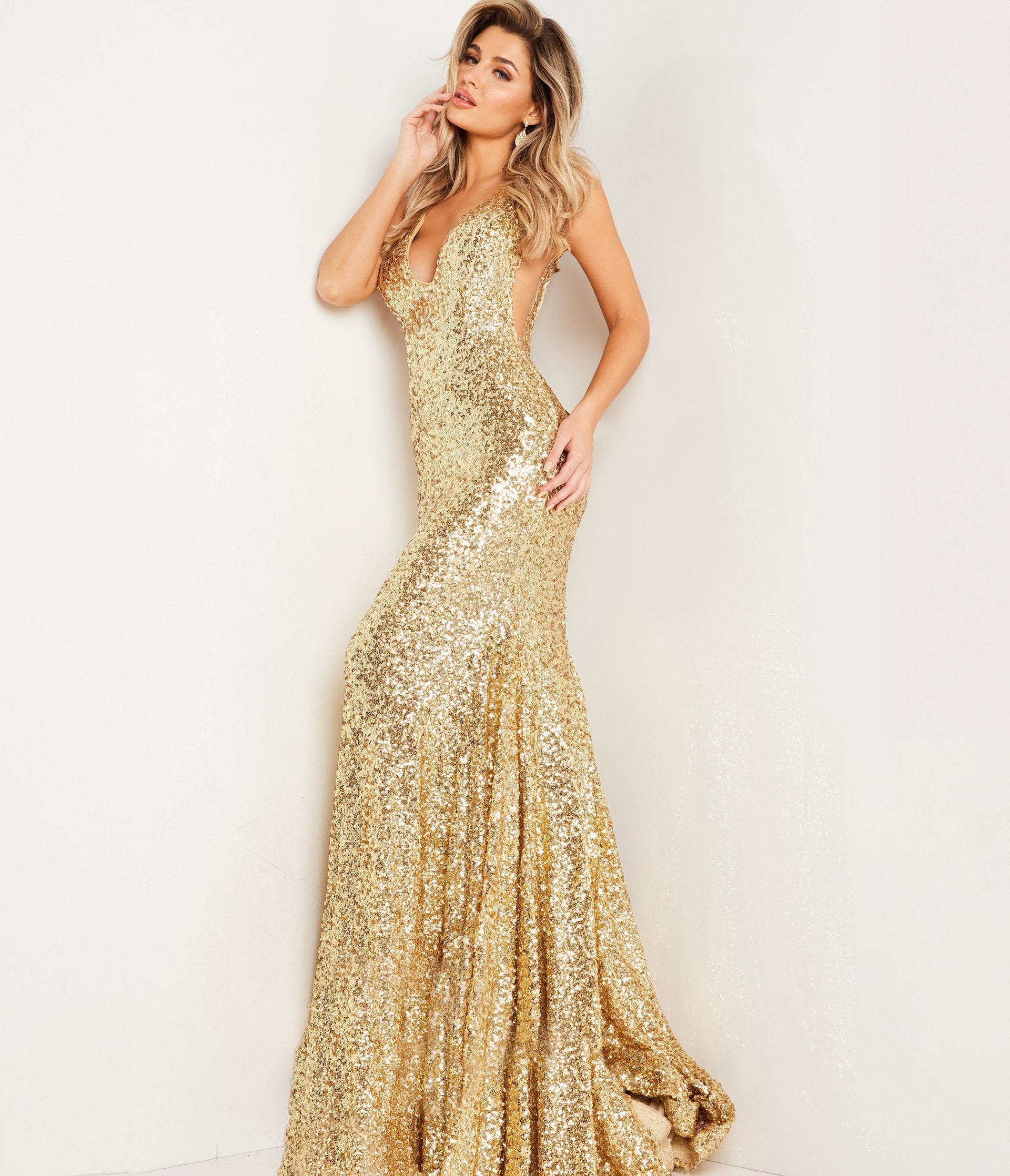 Gold Sequin Plunging Fitted Evening Gown - Unique Vintage - Womens, DRESSES, PROM AND SPECIAL OCCASION