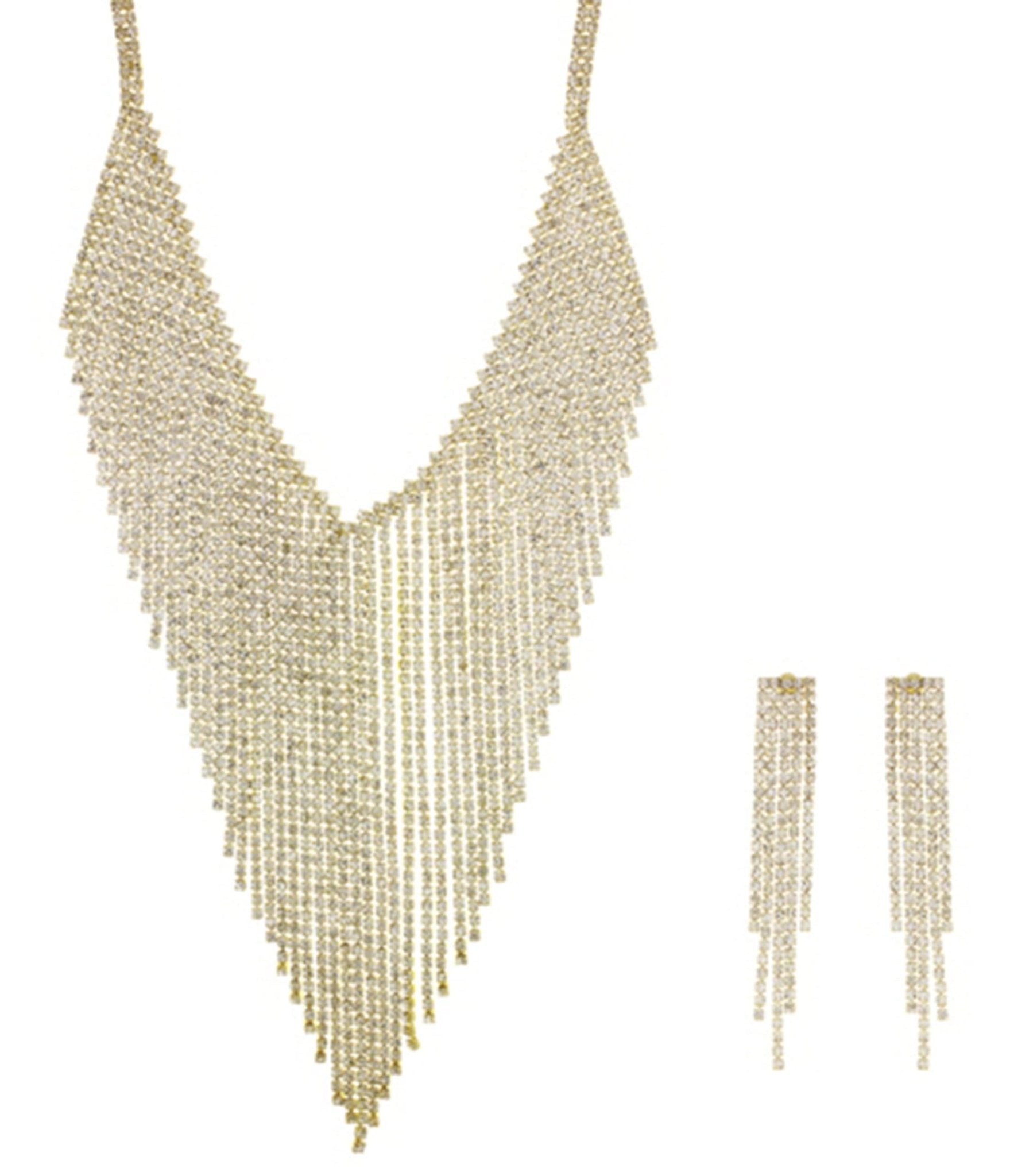 Gold & Silver Rhinestone Fringe Necklace & Earrings Set - Unique Vintage - Womens, ACCESSORIES, FLAPPER
