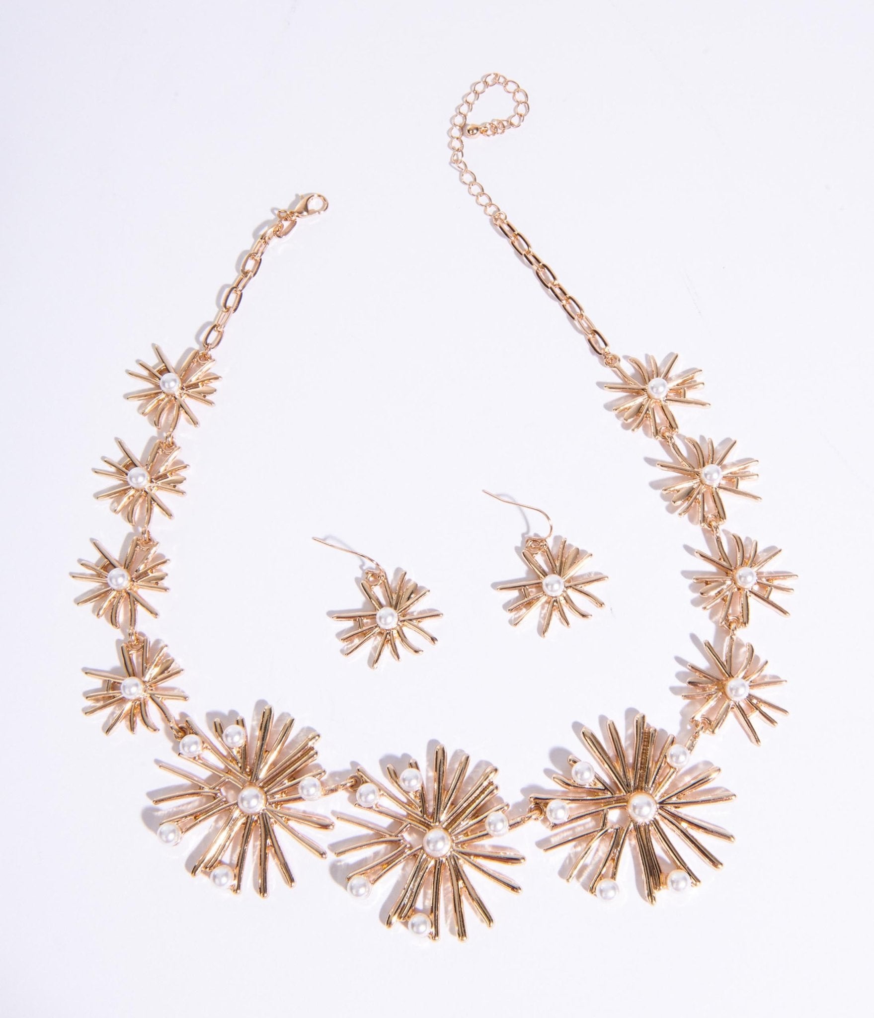 Golden Starburst & Pearl Necklace & Earring Set - Unique Vintage - Womens, ACCESSORIES, JEWELRY
