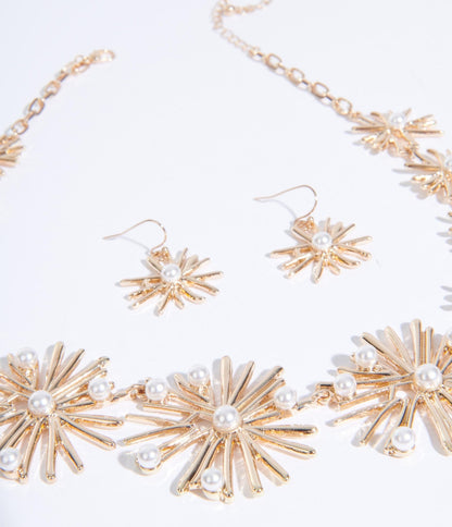 Golden Starburst & Pearl Necklace & Earring Set - Unique Vintage - Womens, ACCESSORIES, JEWELRY