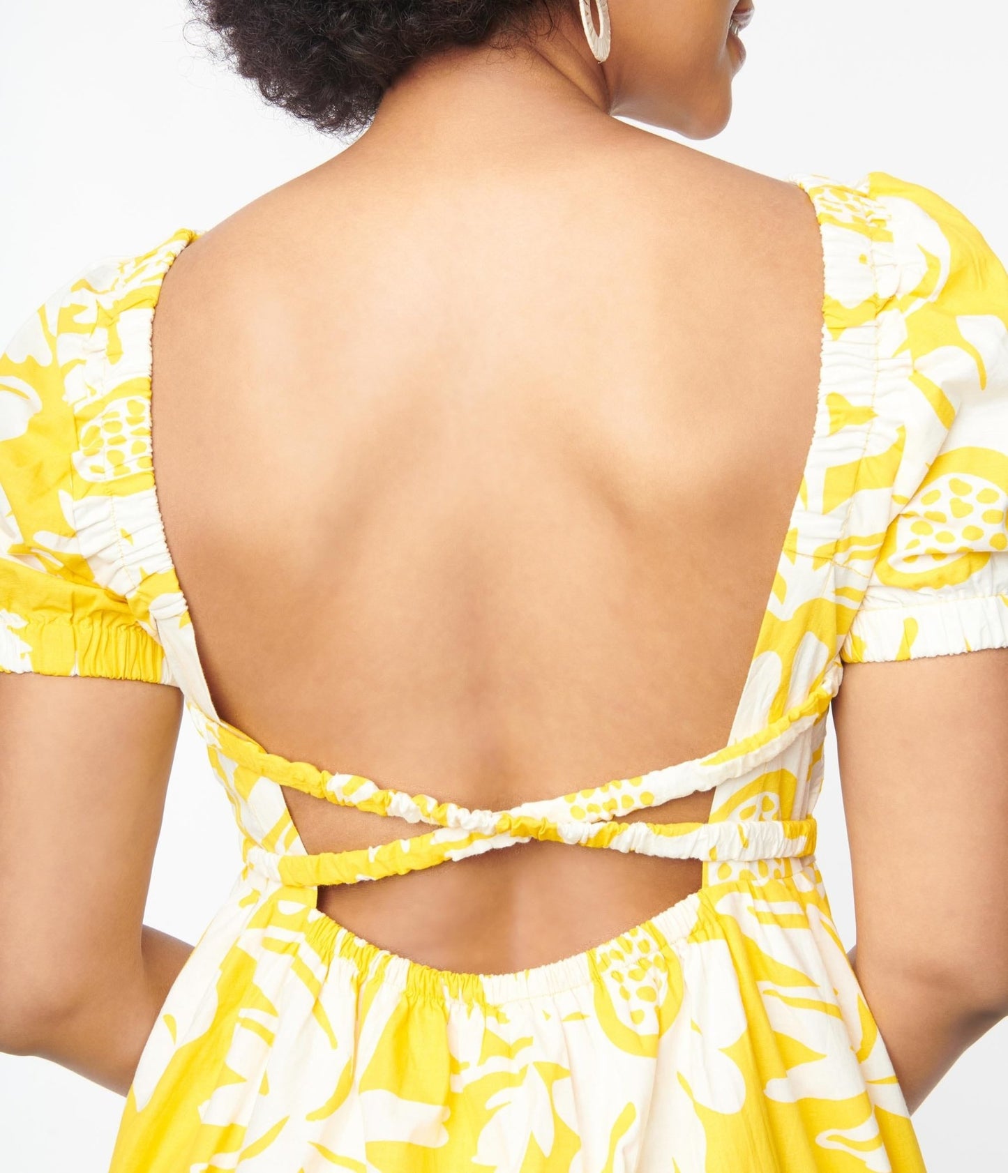Golden Yellow & White Floral Open Back Midi Dress - Unique Vintage - Womens, DRESSES, MIDI